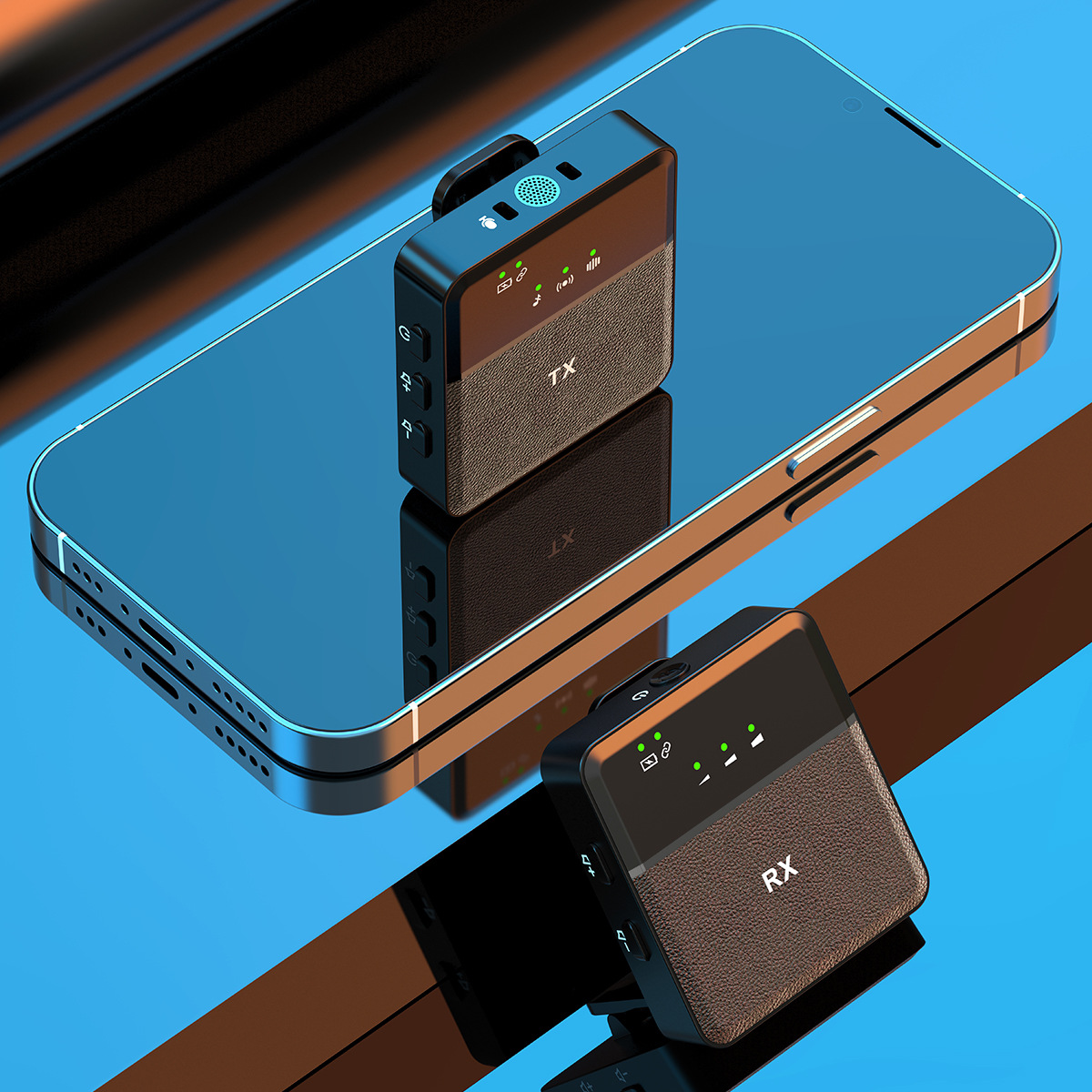 Zwei schwarze und braune drahtlose Mikrofone auf einem Telefon.