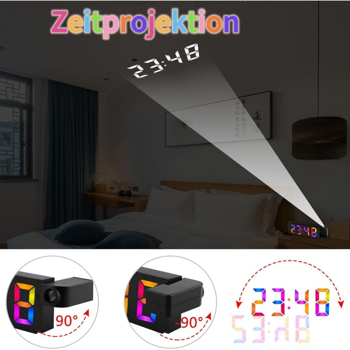Digitaluhr, die die Zeit 23:48 projiziert. Text "Zeitprojektion" oben.
