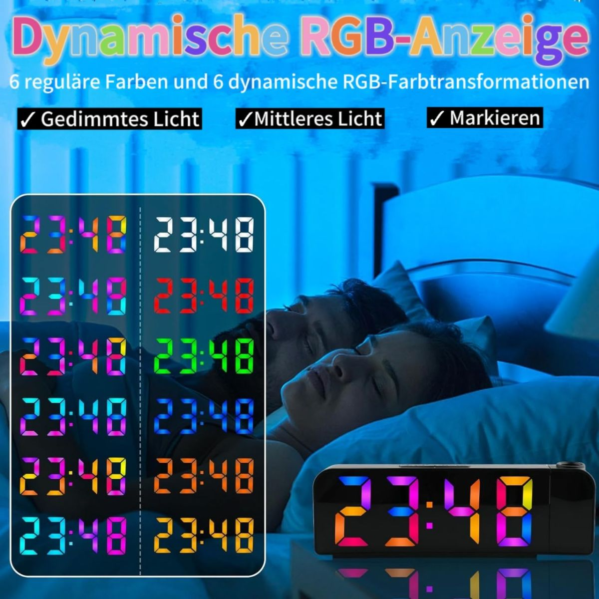 Digitaler Wecker mit Zeitanzeige, blauem Hintergrund und Text.