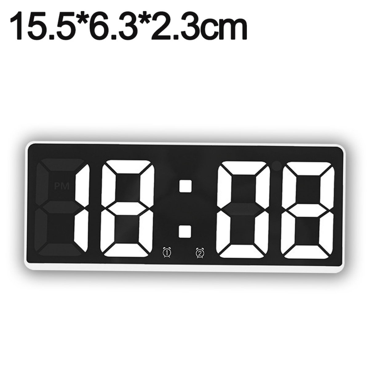 Eine Digitaluhr, die 10:08 anzeigt. Weiße Zahlen auf schwarzem Hintergrund. Weißer Rahmen.