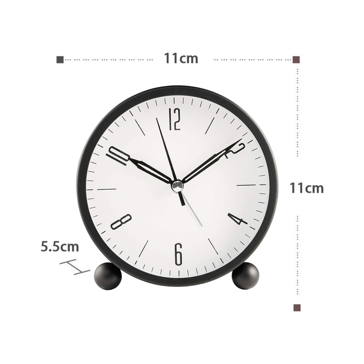 Schwarze Uhr mit weißem Zifferblatt, Abmessungen 11cm x 11cm x 5,5cm.