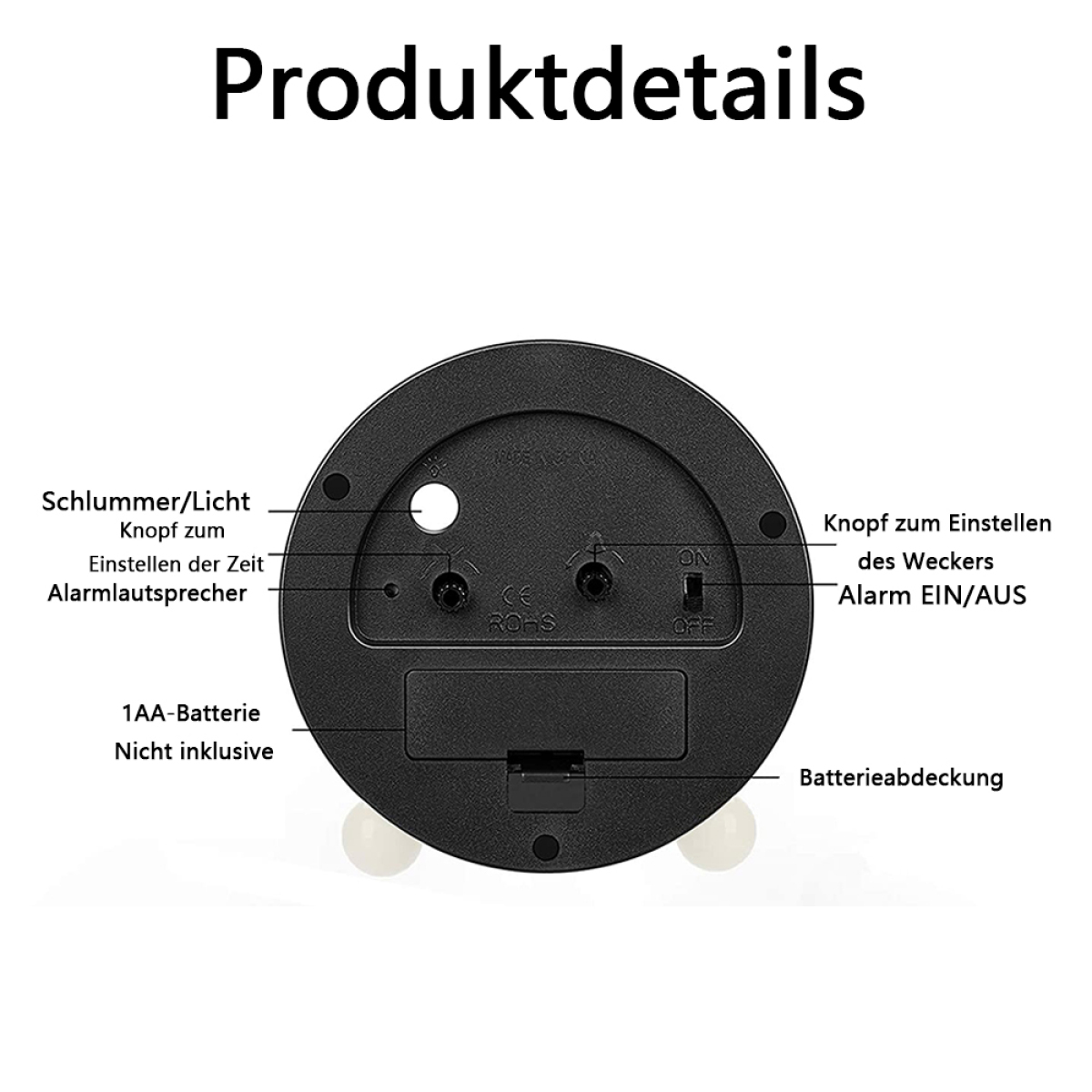 Nahaufnahme der Rückseite eines schwarzen Weckers mit Details der Bedienelemente und Knöpfe.