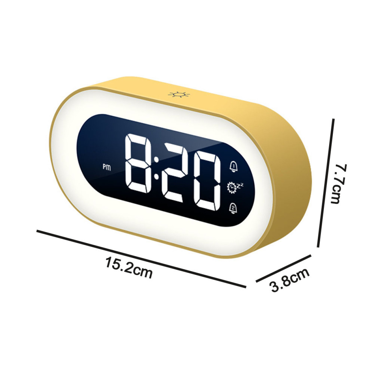 Gelber Wecker mit digitaler Anzeige, die 20:20 Uhr anzeigt, mit Maßangaben.
