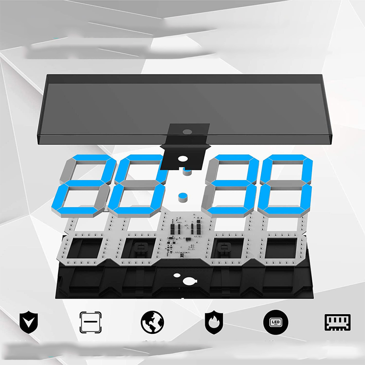 Eine Digitaluhr mit blauen Zahlen und Symbolen auf schwarzem Hintergrund. Sie zeigt die Uhrzeit an.