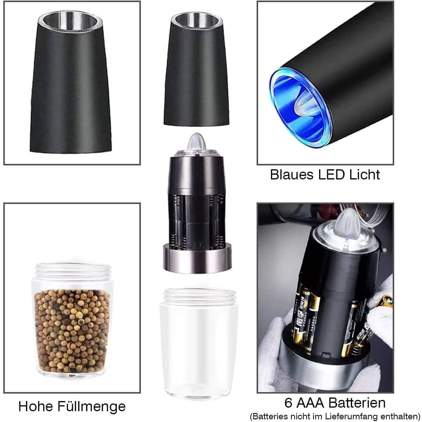 Pfeffermühle zerlegt, mit Pfefferkörnern und Batterien.