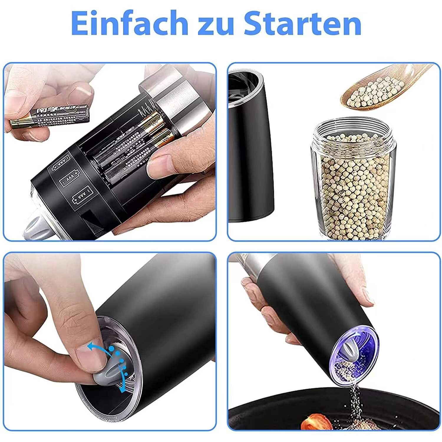 Diagramm zur Verwendung einer schwarzen elektrischen Pfeffermühle, mit dem Text "Einfach zu Starten".