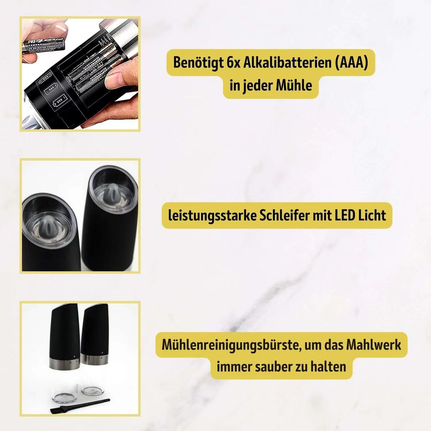 2er-Pack Pfeffermühle Edelstahl salz und Mühle LED-Licht, PRO Schwarz, FINE elektrische Elektrisch, Batteriebetrieben LIFE Mit