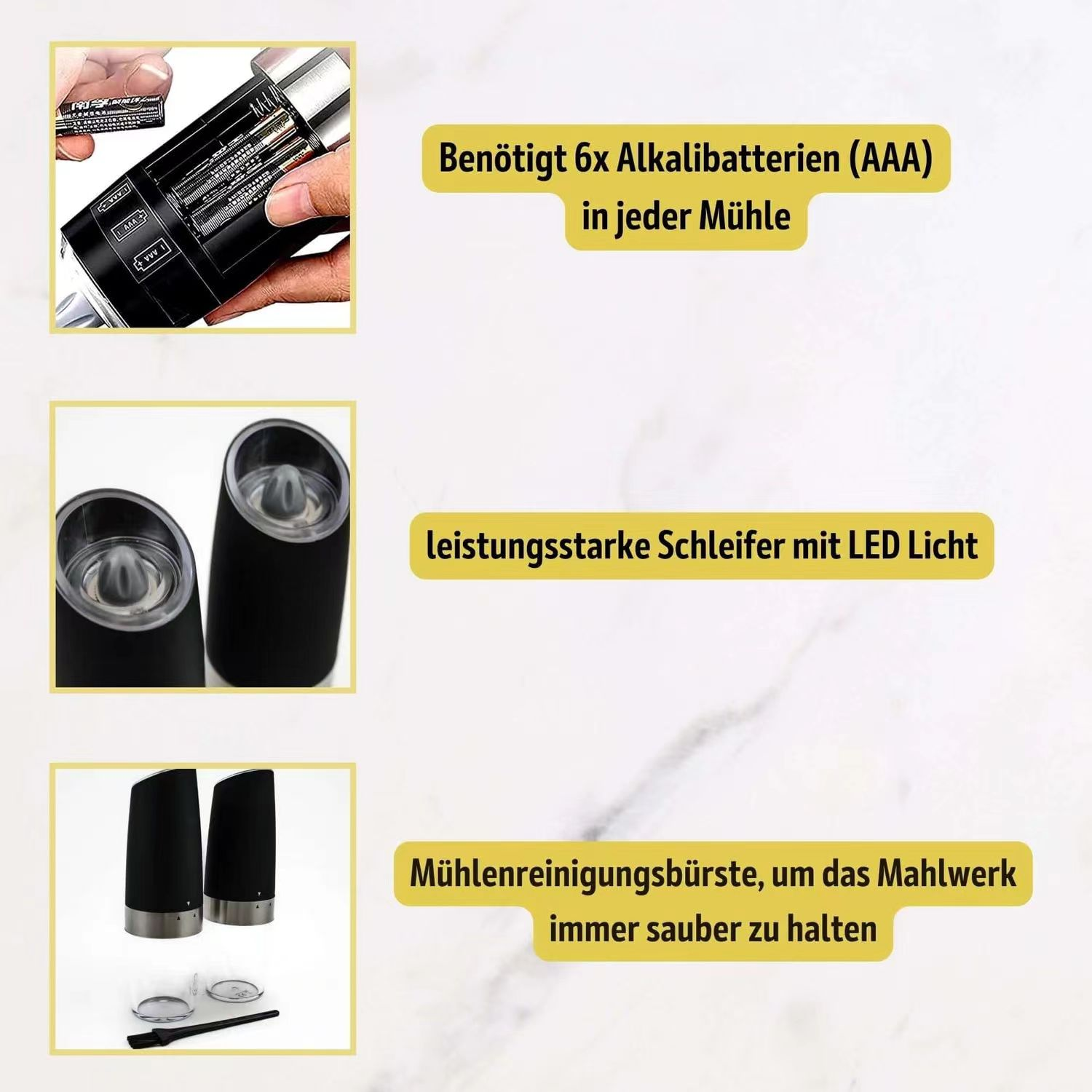 Verschiedene Bilder über eine Mühle, einschließlich Batteriefach, Mühle und Bürste.