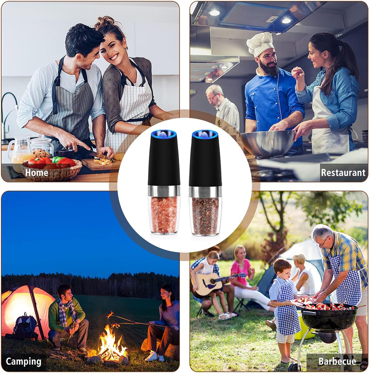 Salz- und Pfeffermühlen in verschiedenen Szenarien: Kochen zu Hause, Restaurant, Camping und Grillen.