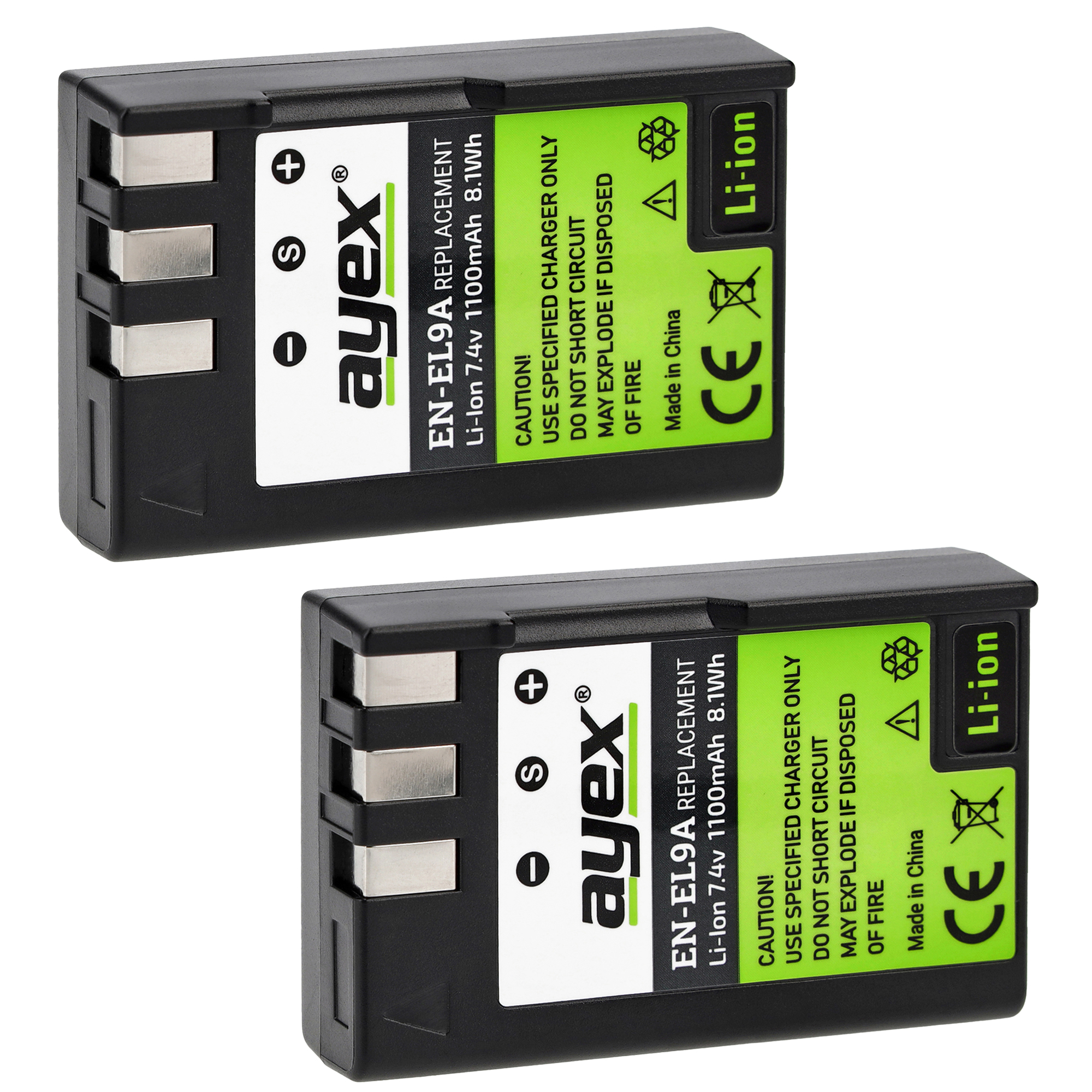 Zwei schwarze ayex Batterien mit Etiketten und Warnhinweisen, grün und weißer Text.