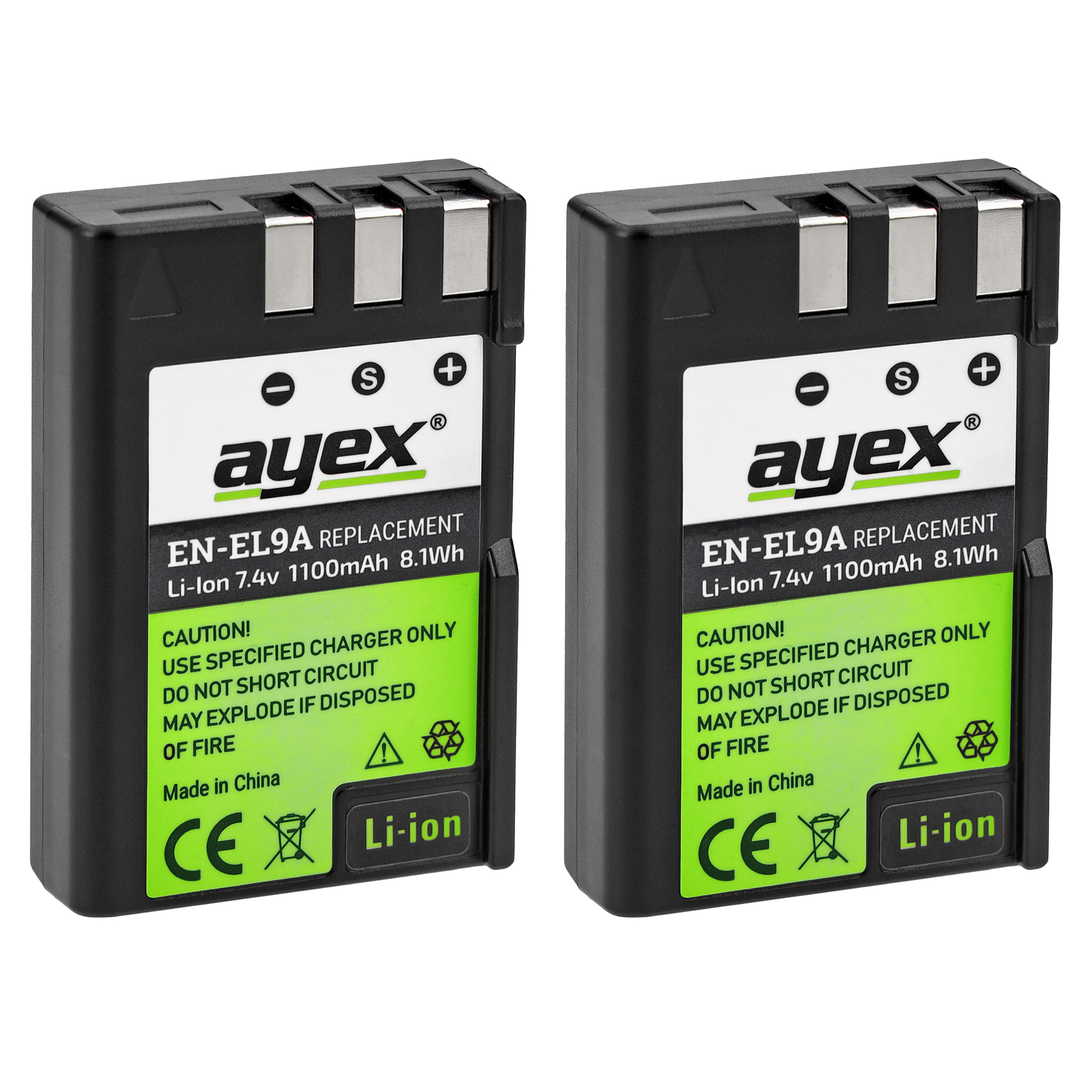 Zwei schwarze Ersatzbatterien. Text auf dem Etikett zeigt Marke und Spezifikationen.
