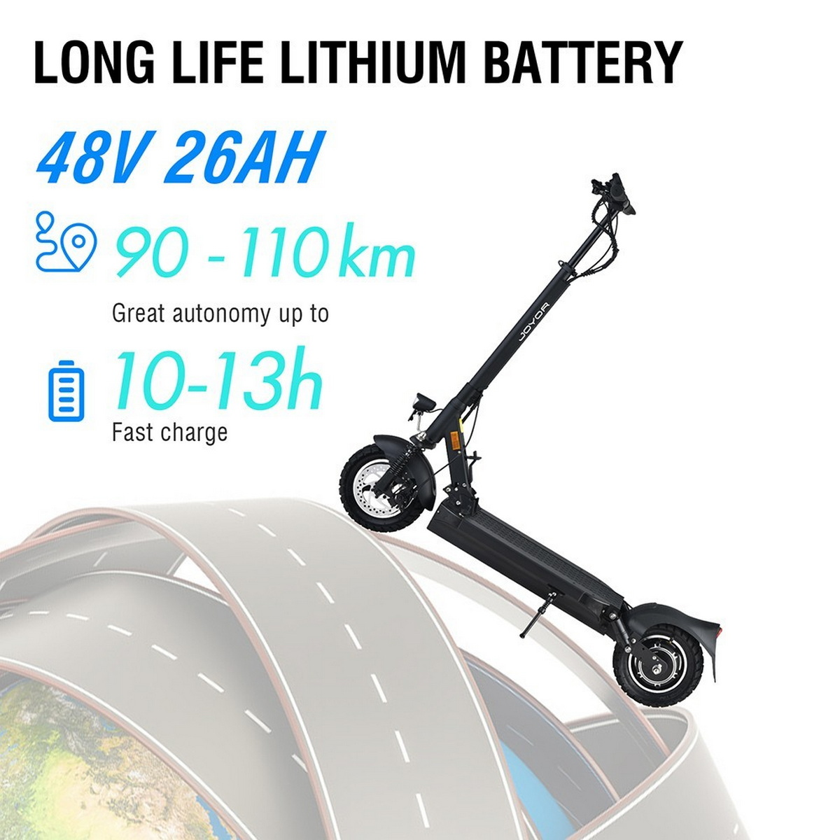 Schwarzer E-Roller mit Text: "LONG LIFE LITHIUM BATTERY" und Spezifikationen. Weißer Hintergrund.
