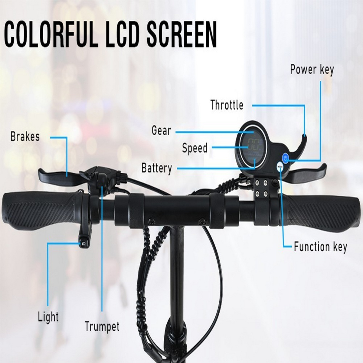 E-Scooter-Lenker mit beschrifteten Komponenten wie Bremsen, Gashebel und LCD-Bildschirm.