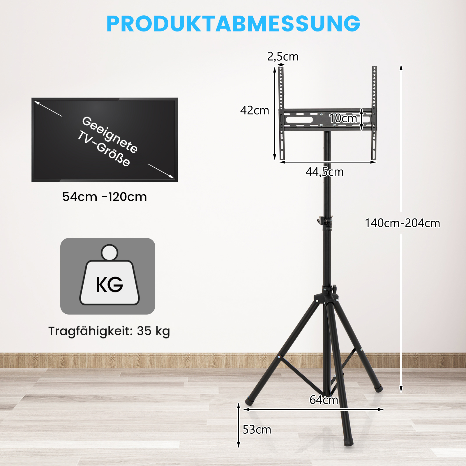 TV-Ständer mit Maßen: 54-120cm TV-Größe, 35 kg Tragfähigkeit, 64cm Basis, 140-204cm Höhe.