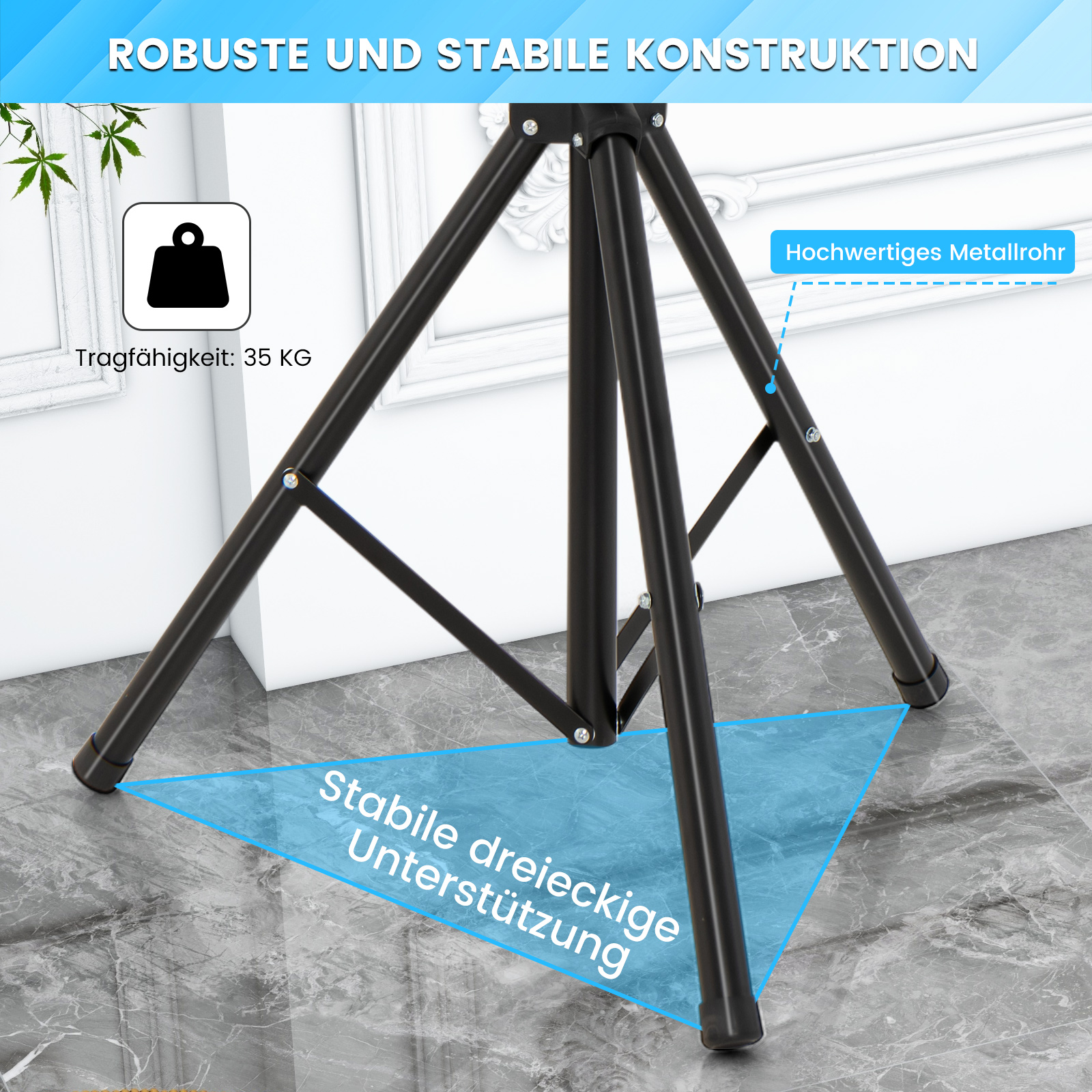 Ein schwarzes Stativ mit einer blau hervorgehobenen Dreiecksform, mit Text. Der Hintergrund ist eine Steinmauer.