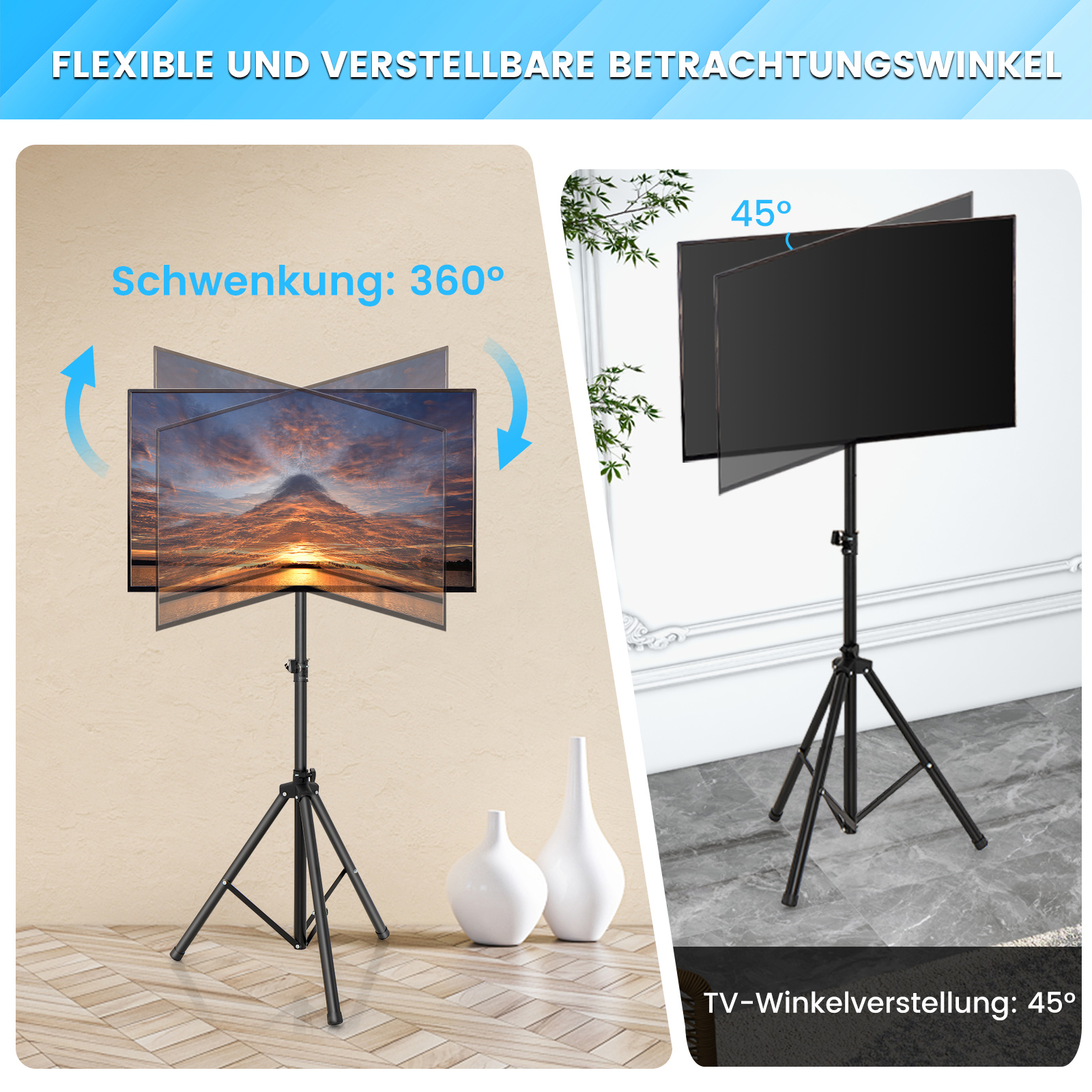 TV-Ständer mit TV bei 360-Grad-Schwenkung und 45-Grad-Neigung und Text.