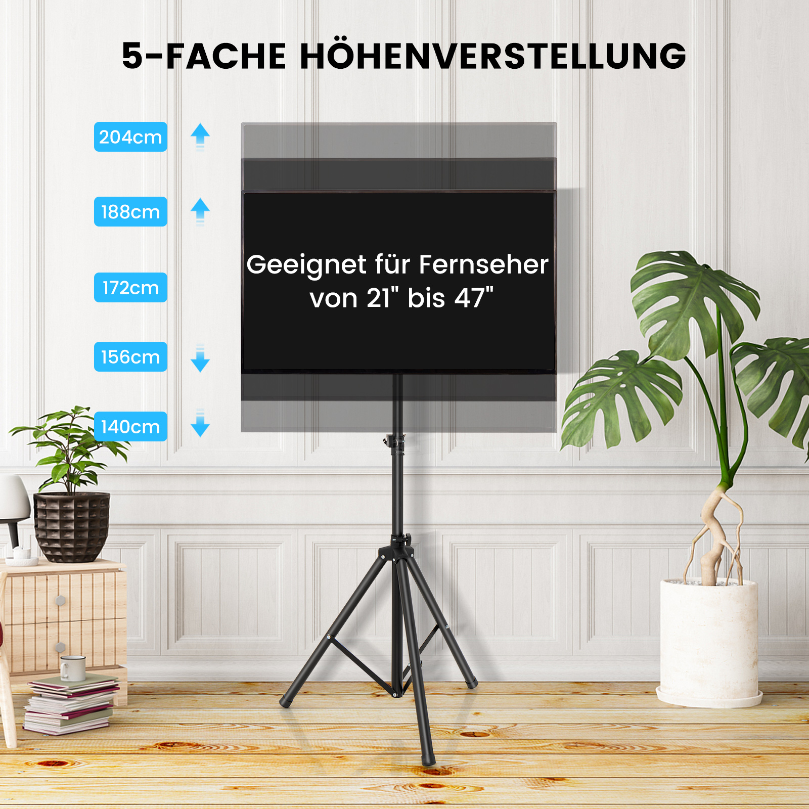 TV-Ständer mit höhenverstellbar. Text zeigt für 21" bis 47" TVs geeignet.