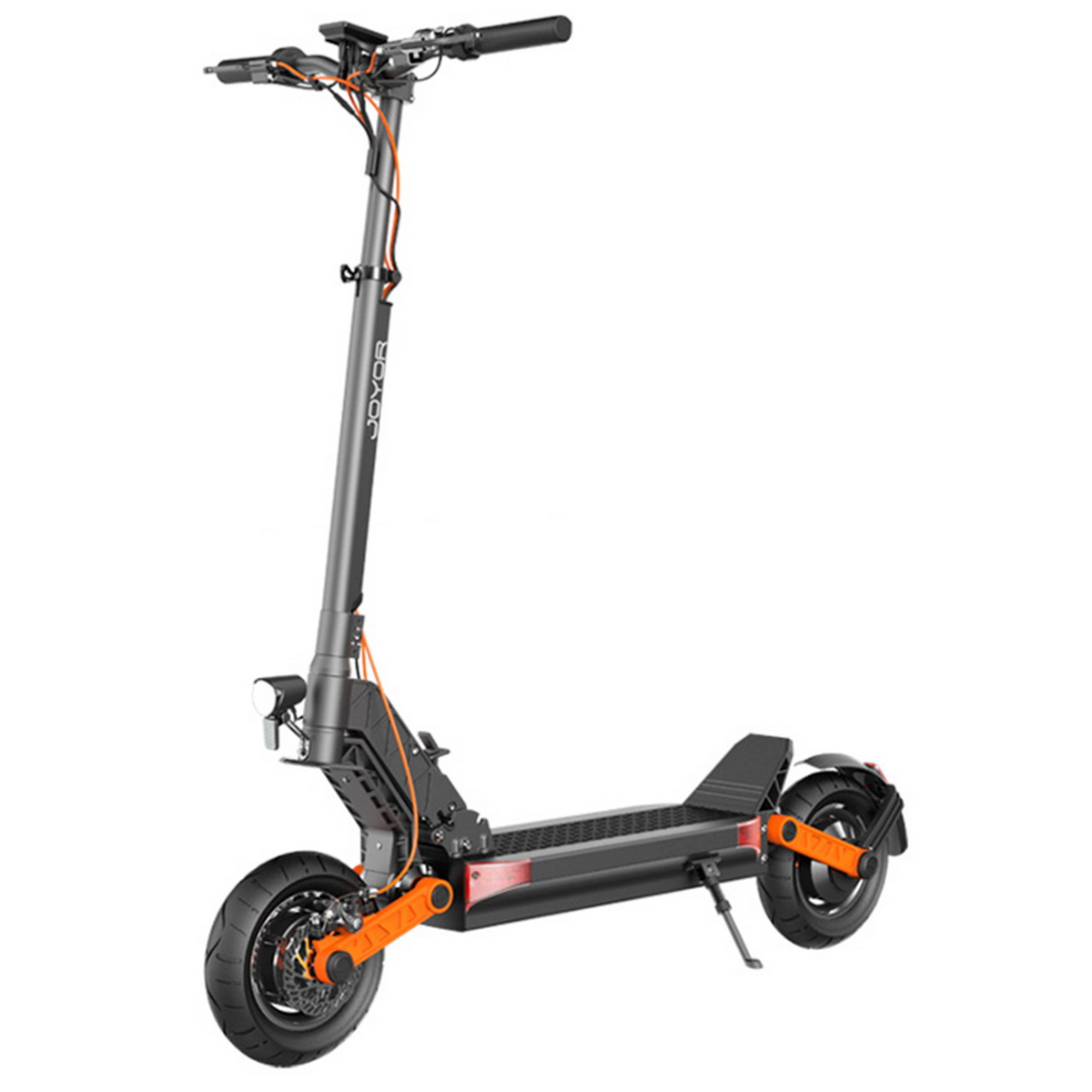 Scooter elettrico nero e arancione, con un lungo stelo e ruote grandi, sfondo bianco.