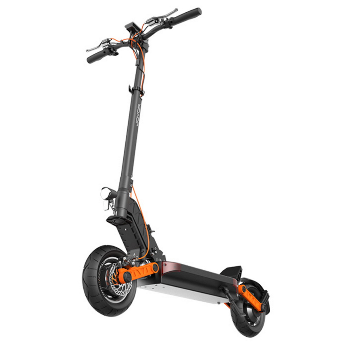 Scooter elettrico nero e arancione. Include un faro e dettagli arancioni.