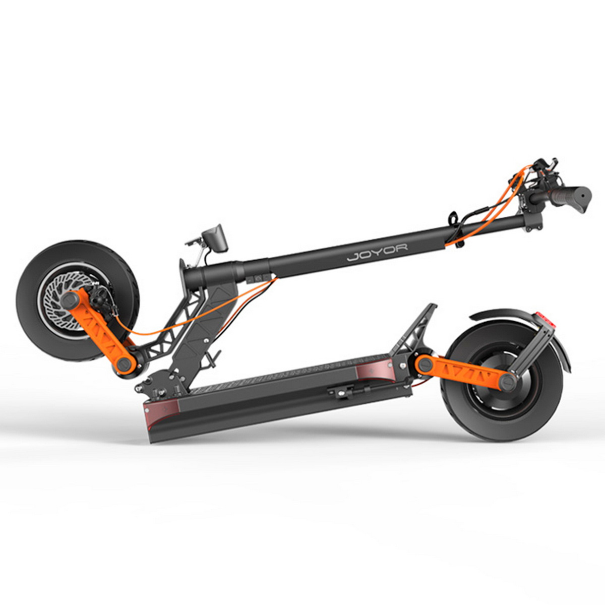 Scooter elettrico, piegato. Nero e giallo. La vista laterale mostra ruote e telaio.