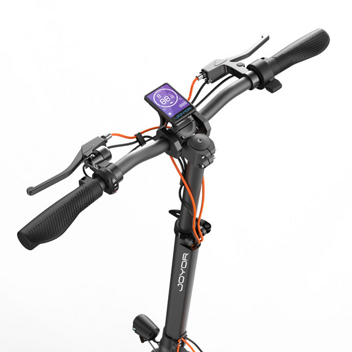 Manubrio dello scooter con display che mostra velocità e altre informazioni. Cablaggio arancione visibile.