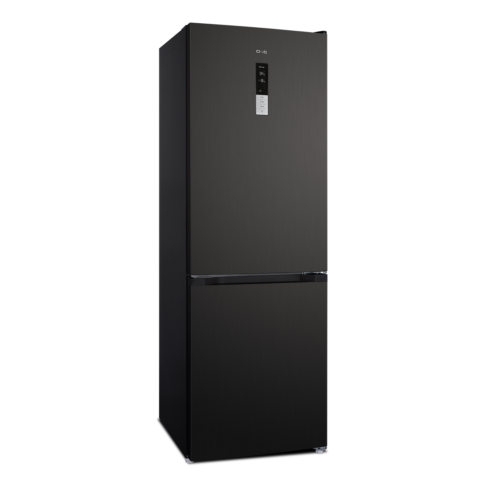 A black refrigerator stands against a white background. It has two doors and a digital display.