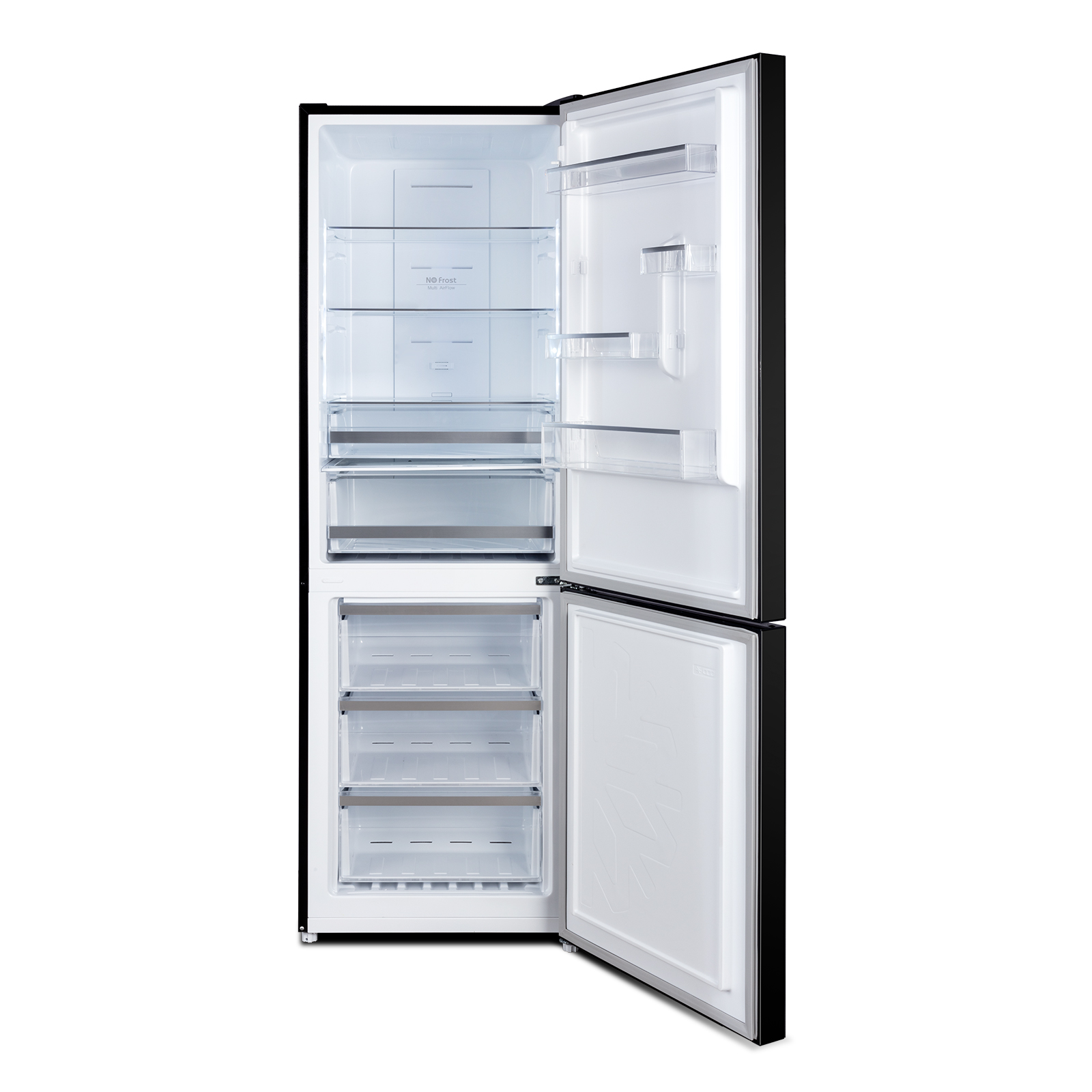 Black refrigerator with open doors, showing shelves and drawers inside.