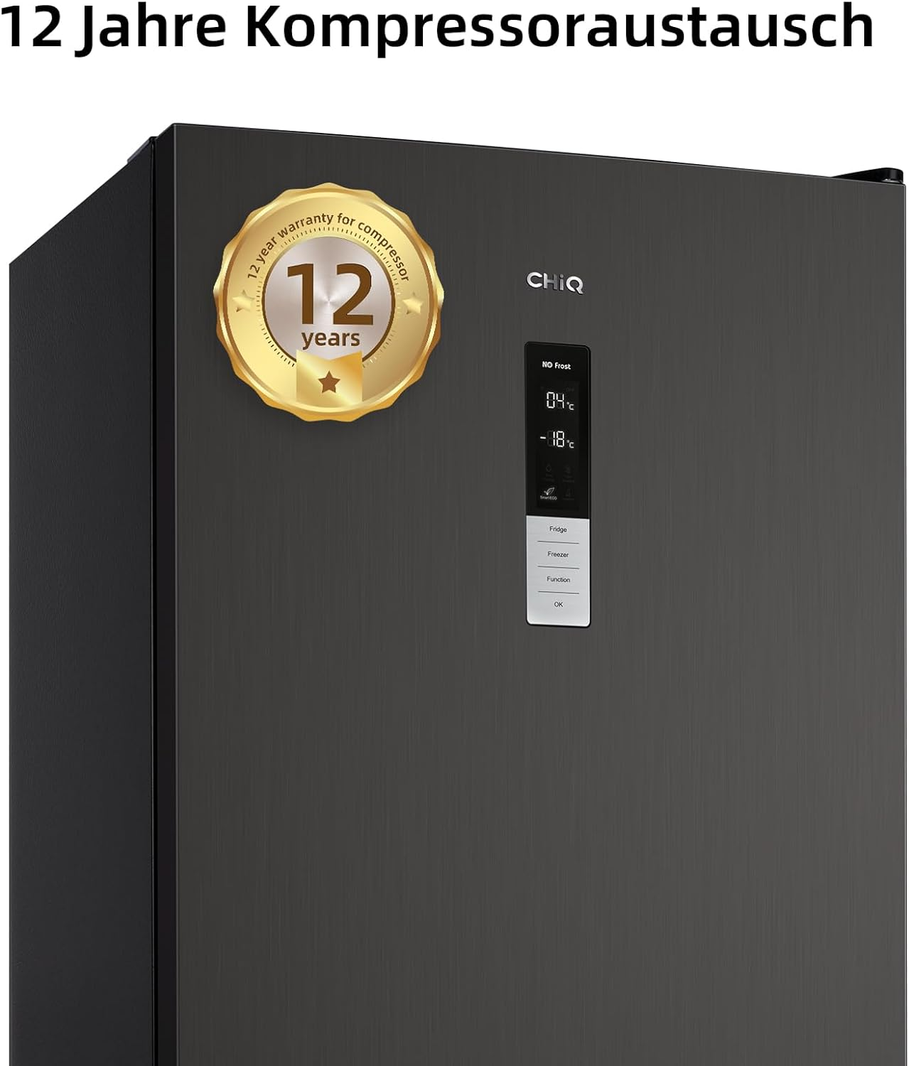 Black refrigerator with a digital display and gold sticker.