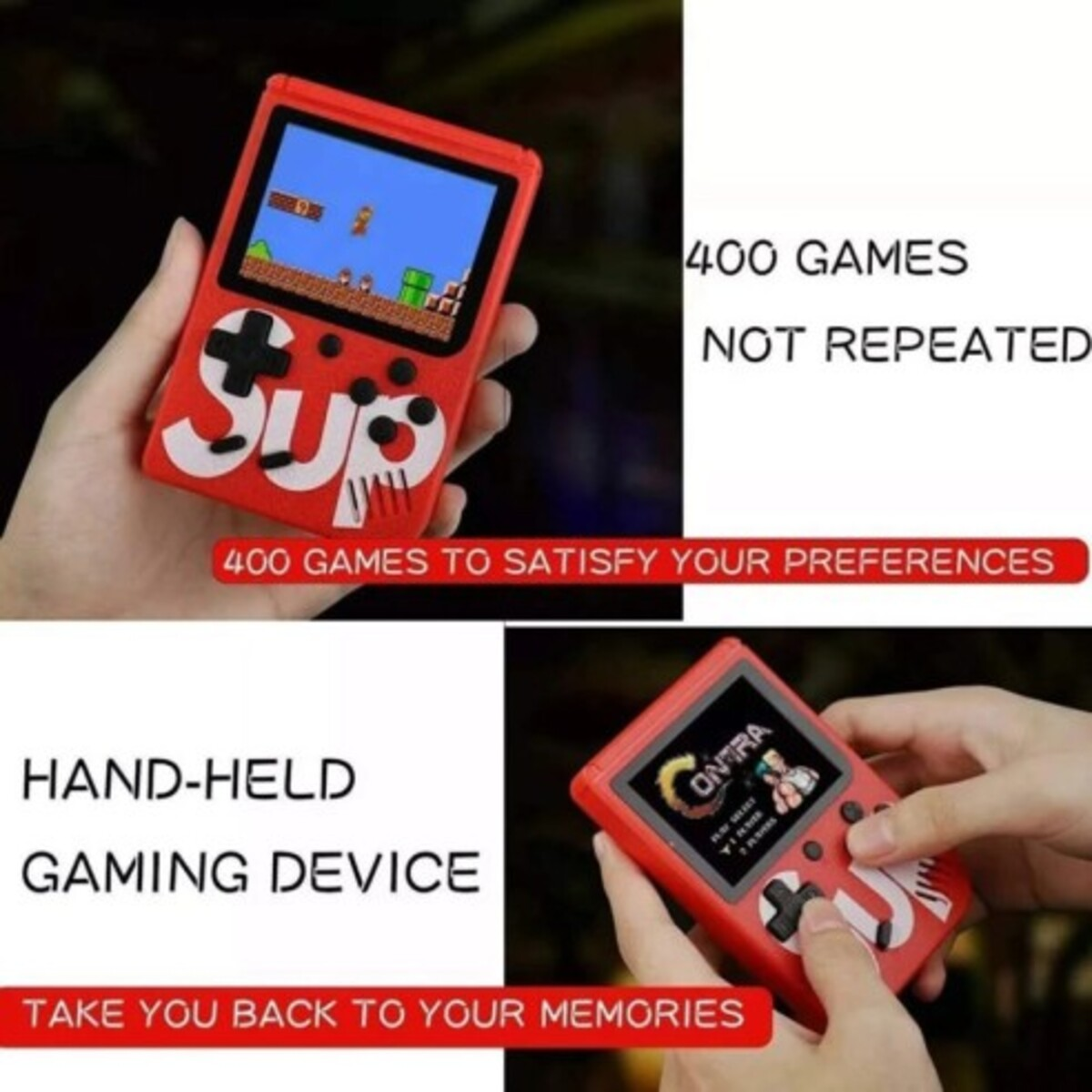 Dispositivo de juego portátil rojo con pantalla de juego. Texto: 400 juegos, no repetidos.