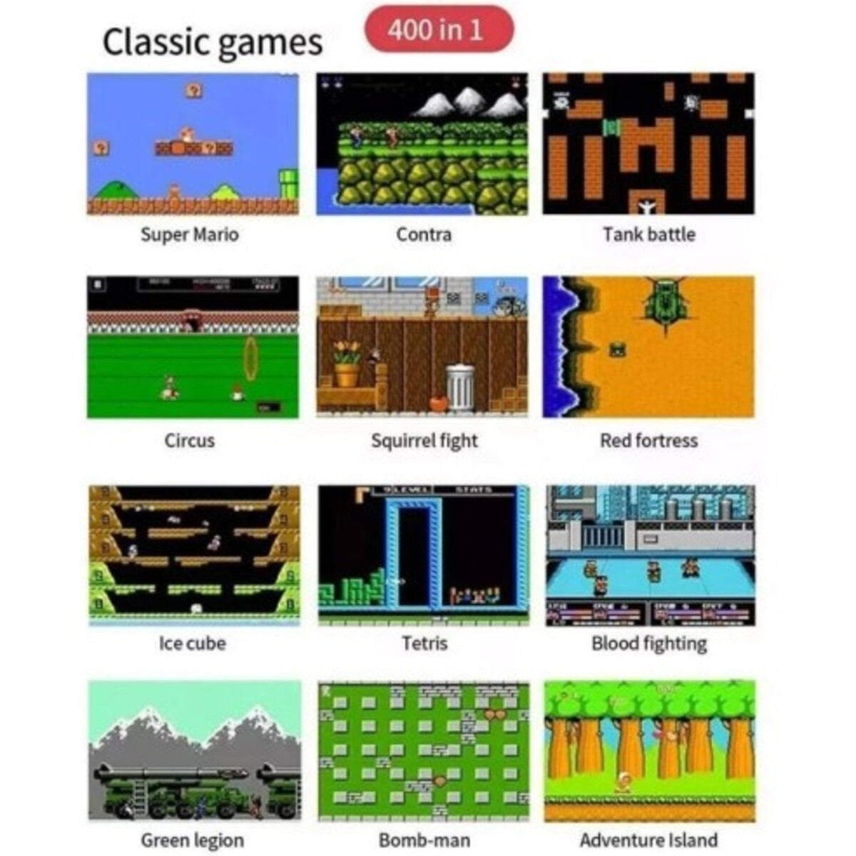 Nueve capturas de pantalla de videojuegos clásicos, incluyendo Super Mario, Contra y Tetris.