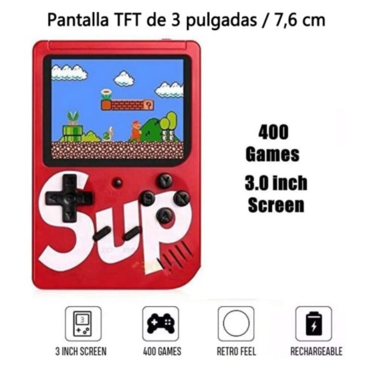 Consola de juegos portátil roja con pantalla mostrando un juego pixelado. Texto incluye "400 juegos" y "Pantalla de 3.0 pulgadas".