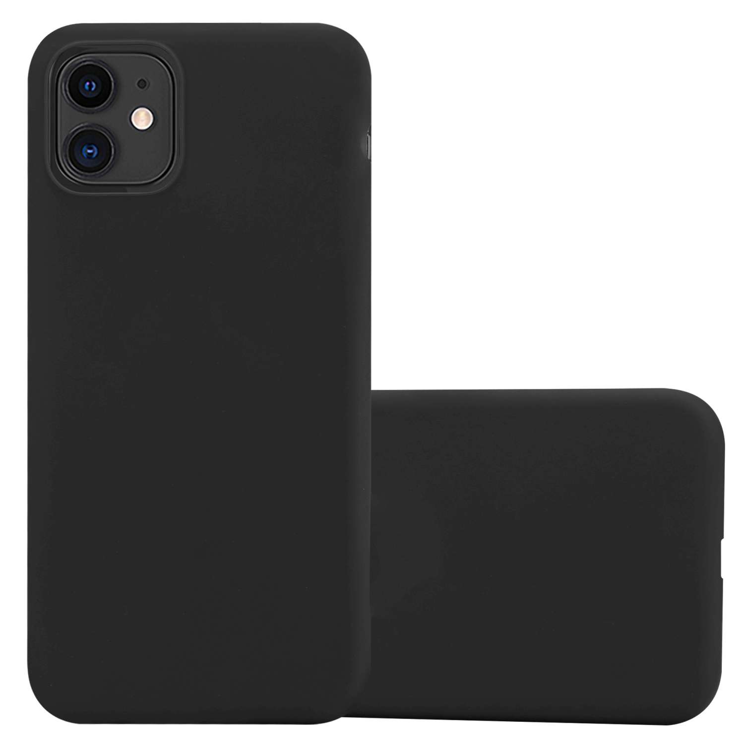 Due custodie nere per telefono, una di lato e una rivolta verso l'alto, entrambe per un iPhone 12.