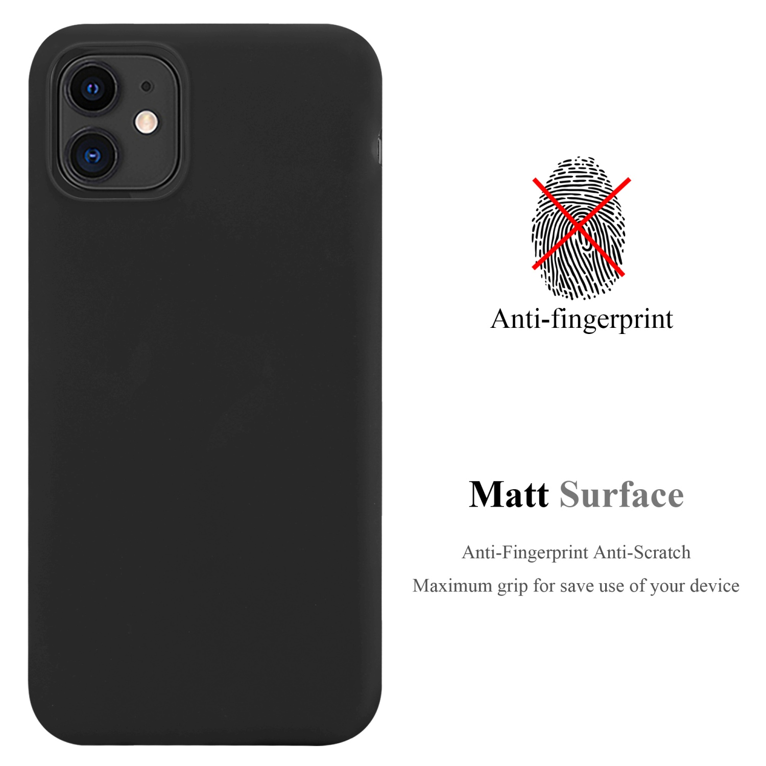 Custodia per telefono nera con superficie opaca. Testo: anti-impronta, antigraffio.