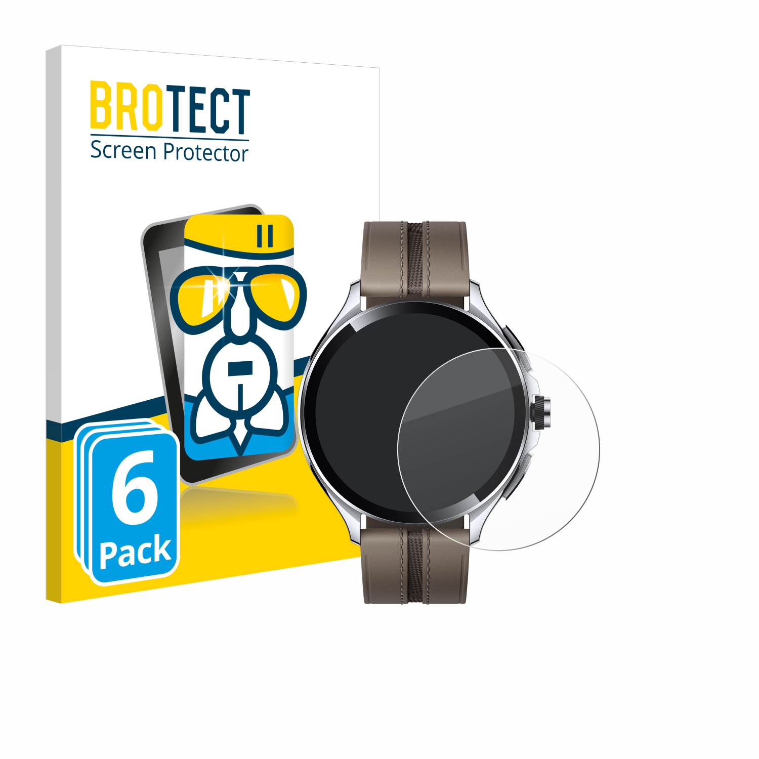 Smartwatch mit Displayschutz, eine Box mit einem Telefonbild und dem Text BROTECT Screen Protector.
