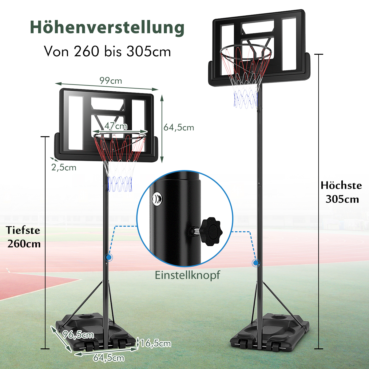 Basketballkorb mit verstellbarer Höhe, Maße und Nahaufnahme des Einstellknopfs.