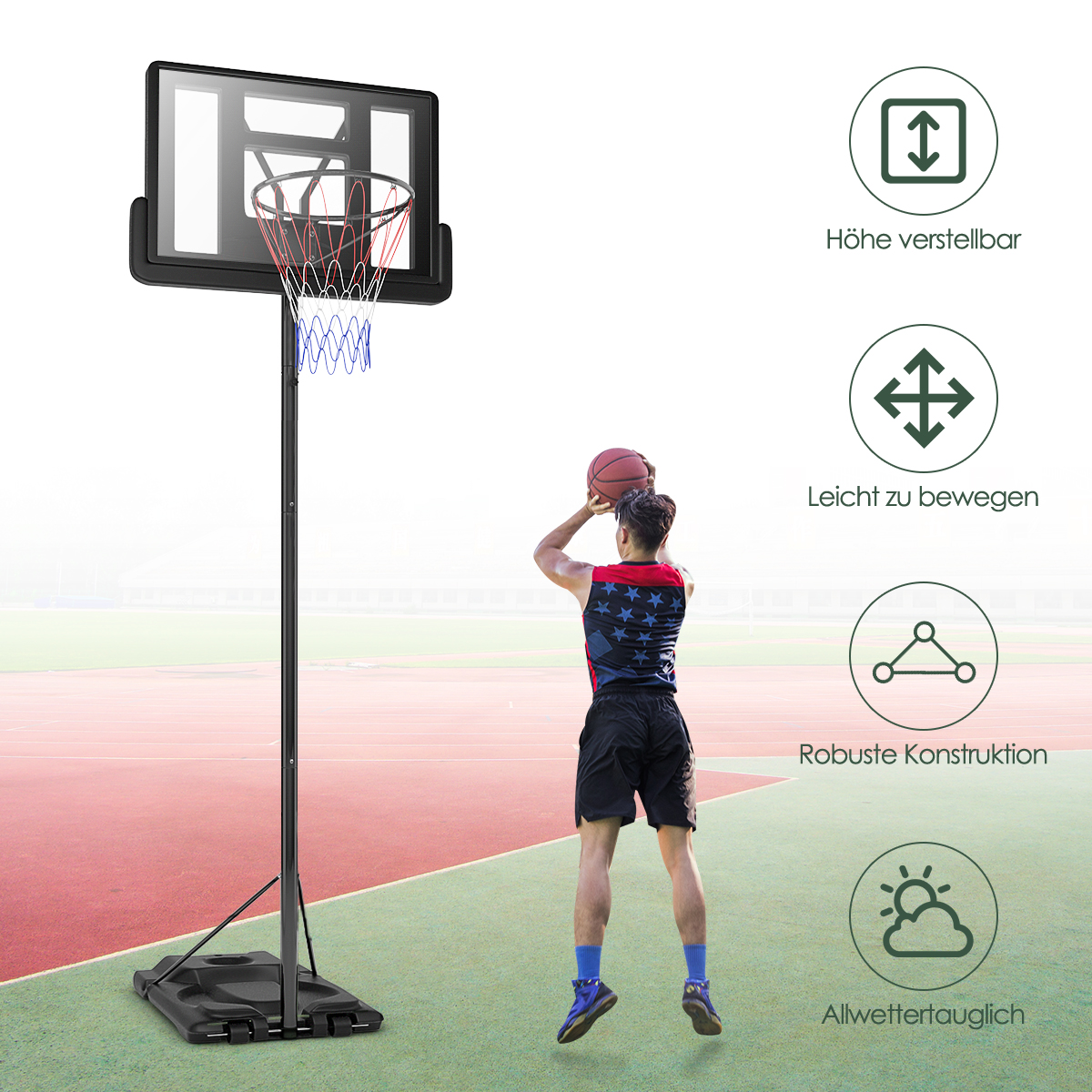 Ein Mann wirft einen Basketball in einen Korb. Ein schwarzer Basketballkorb ist im Hintergrund.
