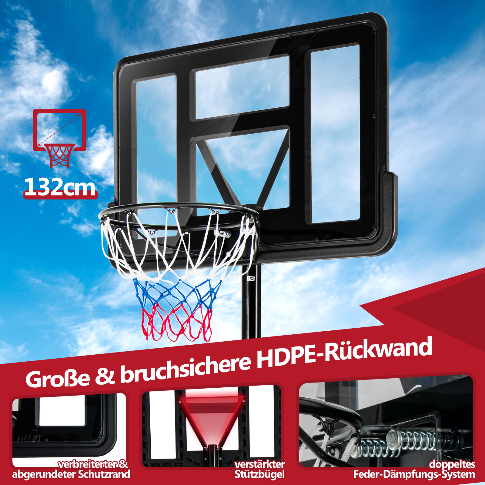 Ein Basketballkorb mit durchsichtiger Rückwand. Das Netz ist rot, weiß und blau. Grafiken zeigen Eigenschaften.