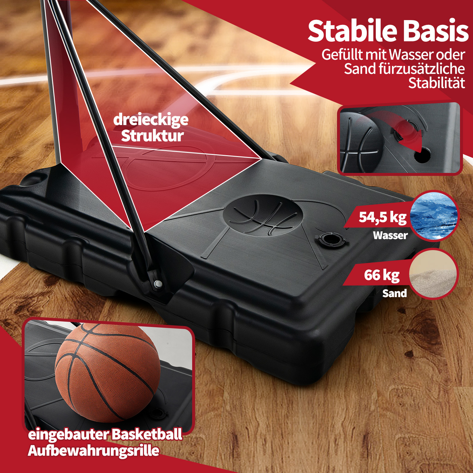 Basketballkorb-Basis mit Wasser- und Sandfülloptionen, plus Basketball.