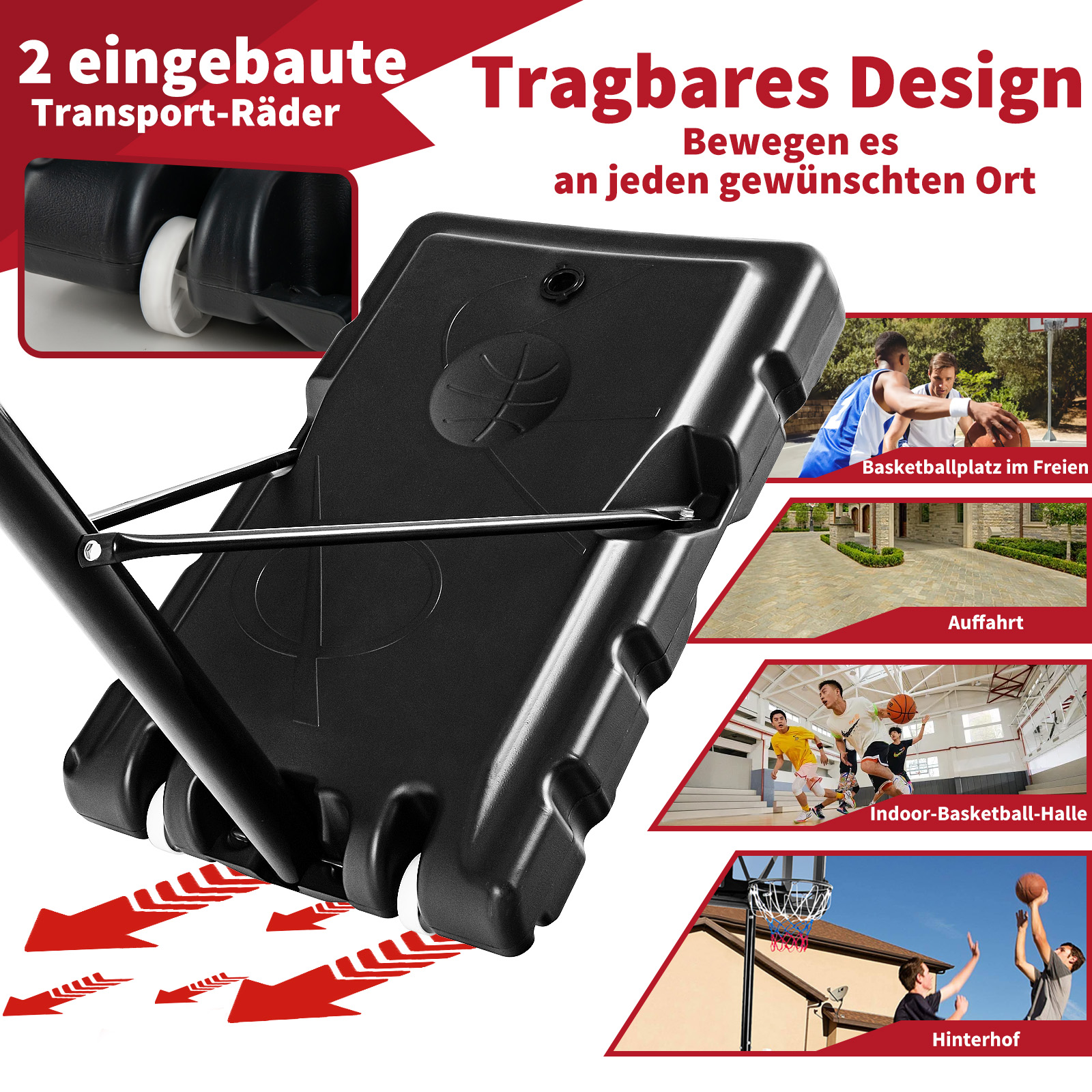 Schwarzer tragbarer Basketballkorb mit Rädern und Pfeilen, die Transportrichtungen anzeigen.