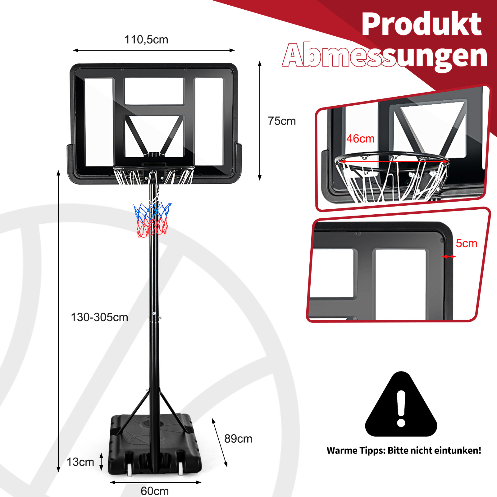 Basketballkorbsystem mit Maßen in cm und Warnschild. Schwarz-weißes Farbschema.