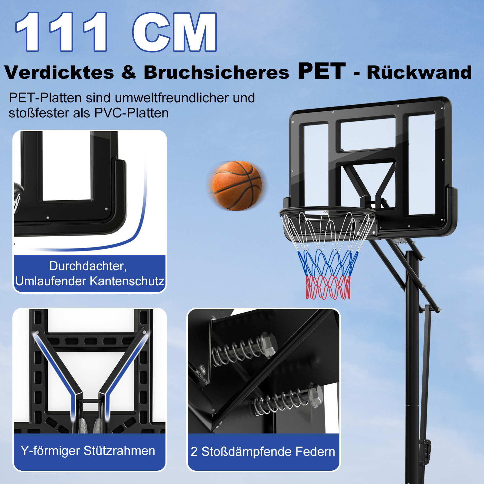 Basketballkorb mit Details: Halterung, Federn und verstärkte Rückwand.