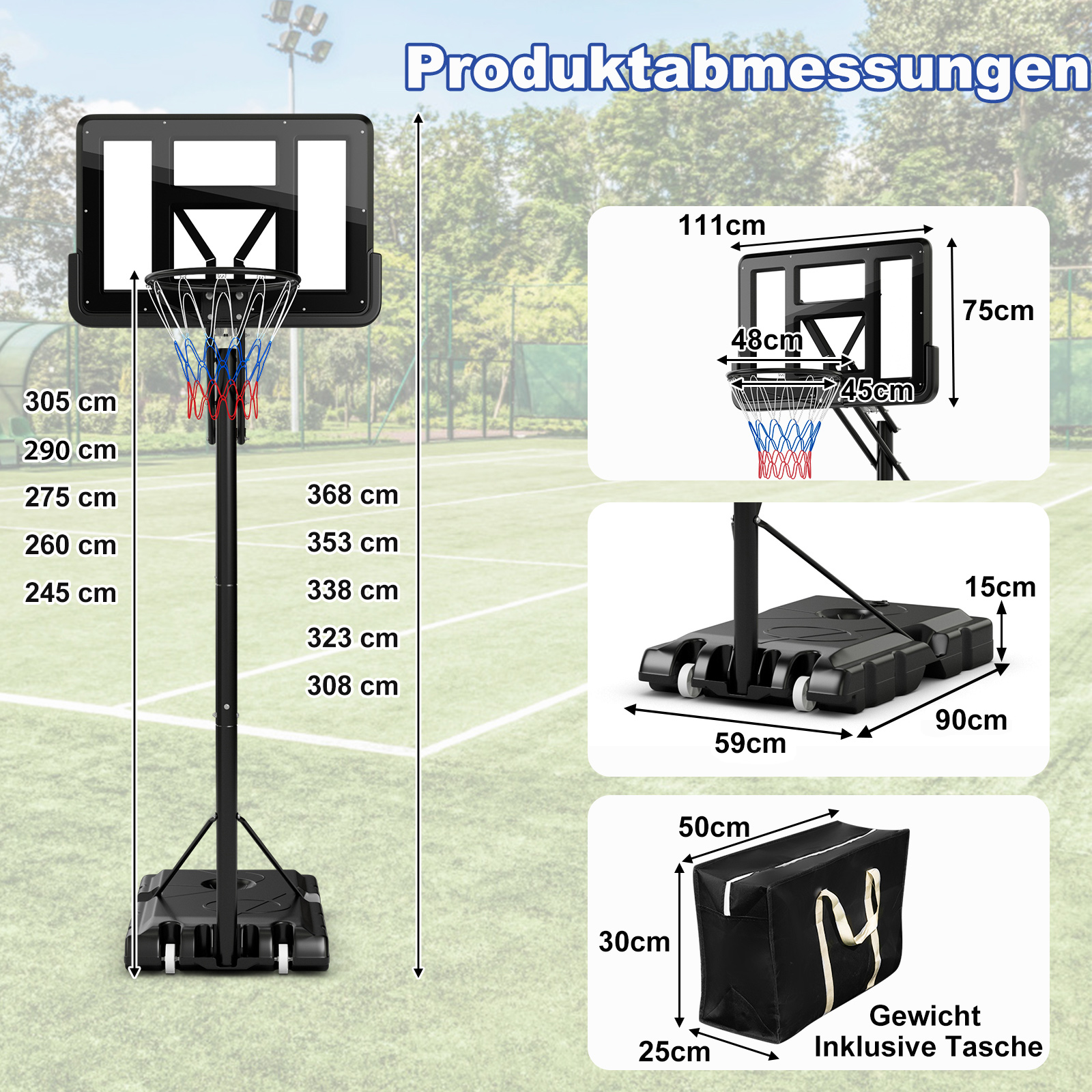 Basketballkorb mit Maßen auf grünem Feld. Schwarzer Rahmen, Netz, Fuß mit Rädern.
