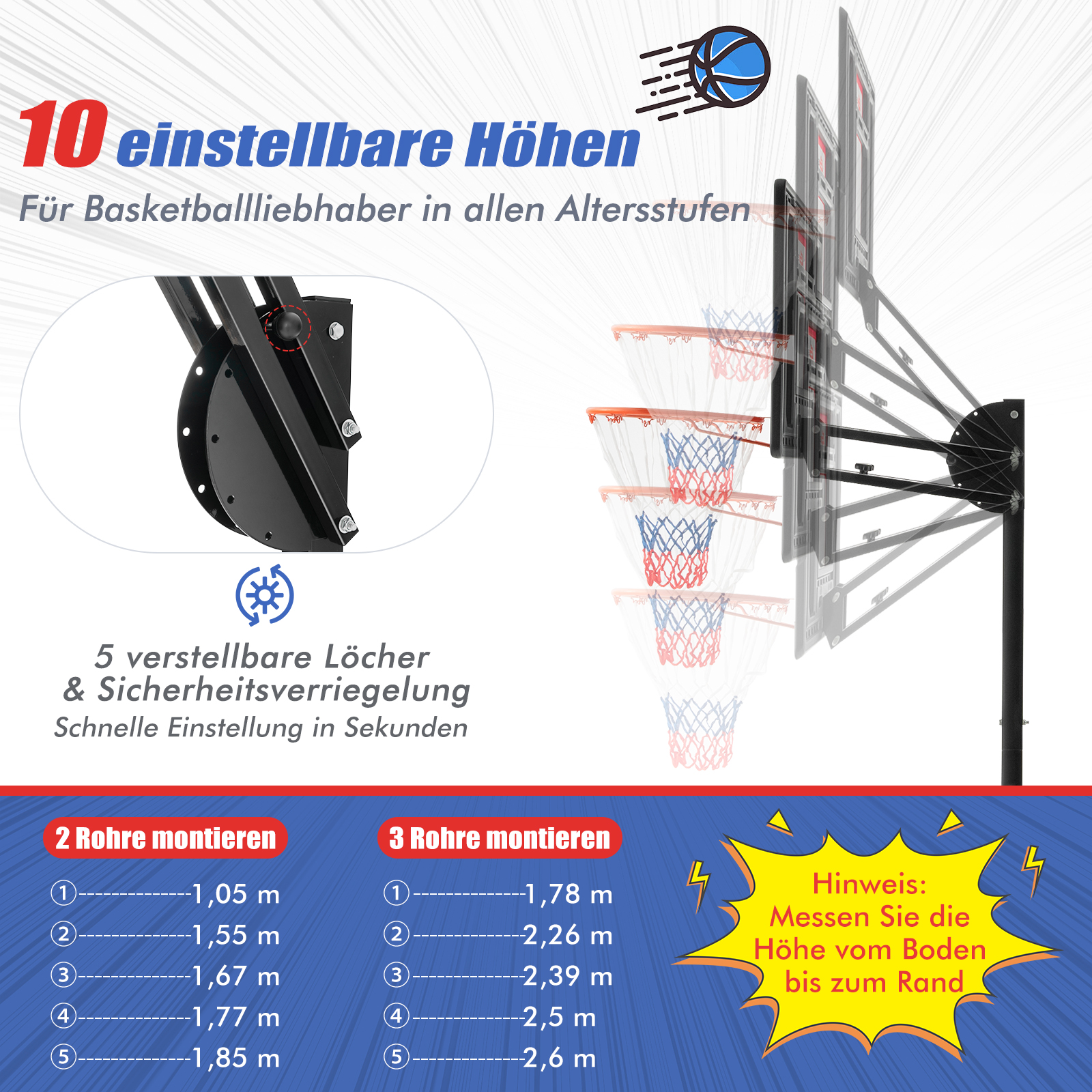 Basketballkorb mit einstellbaren Höhen, Text und visuellen Details.