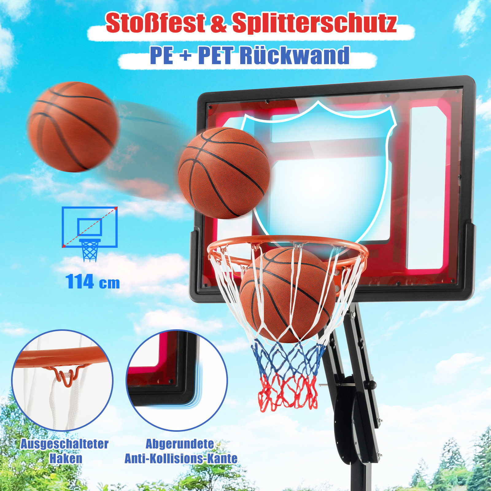 Basketballkorb mit zwei Basketbällen. Die Rückwand ist rot, das Netz blau, rot und weiß.