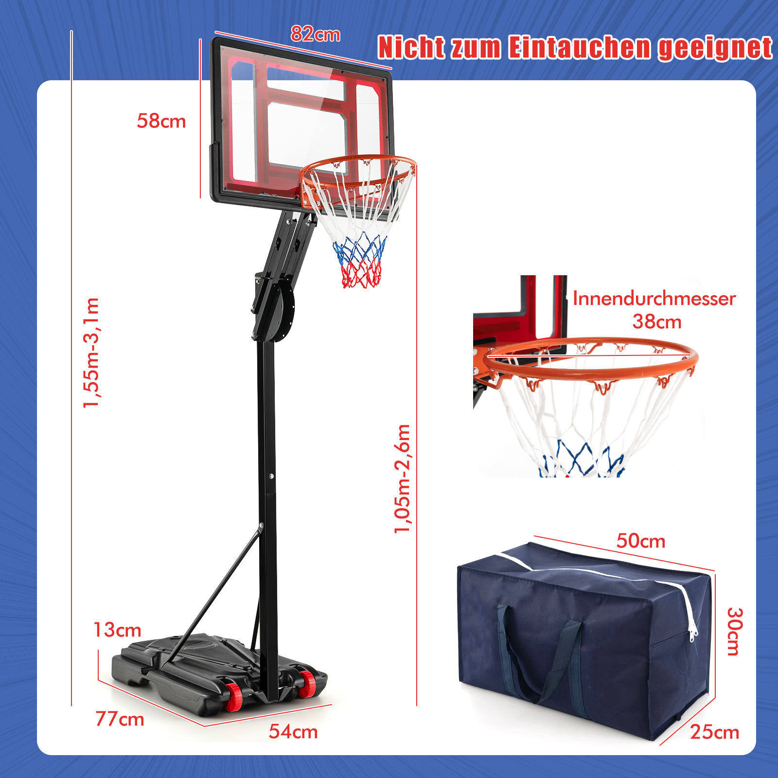 Basketballkorb mit Messungen, Netz und Aufbewahrungstasche mit Abmessungen.