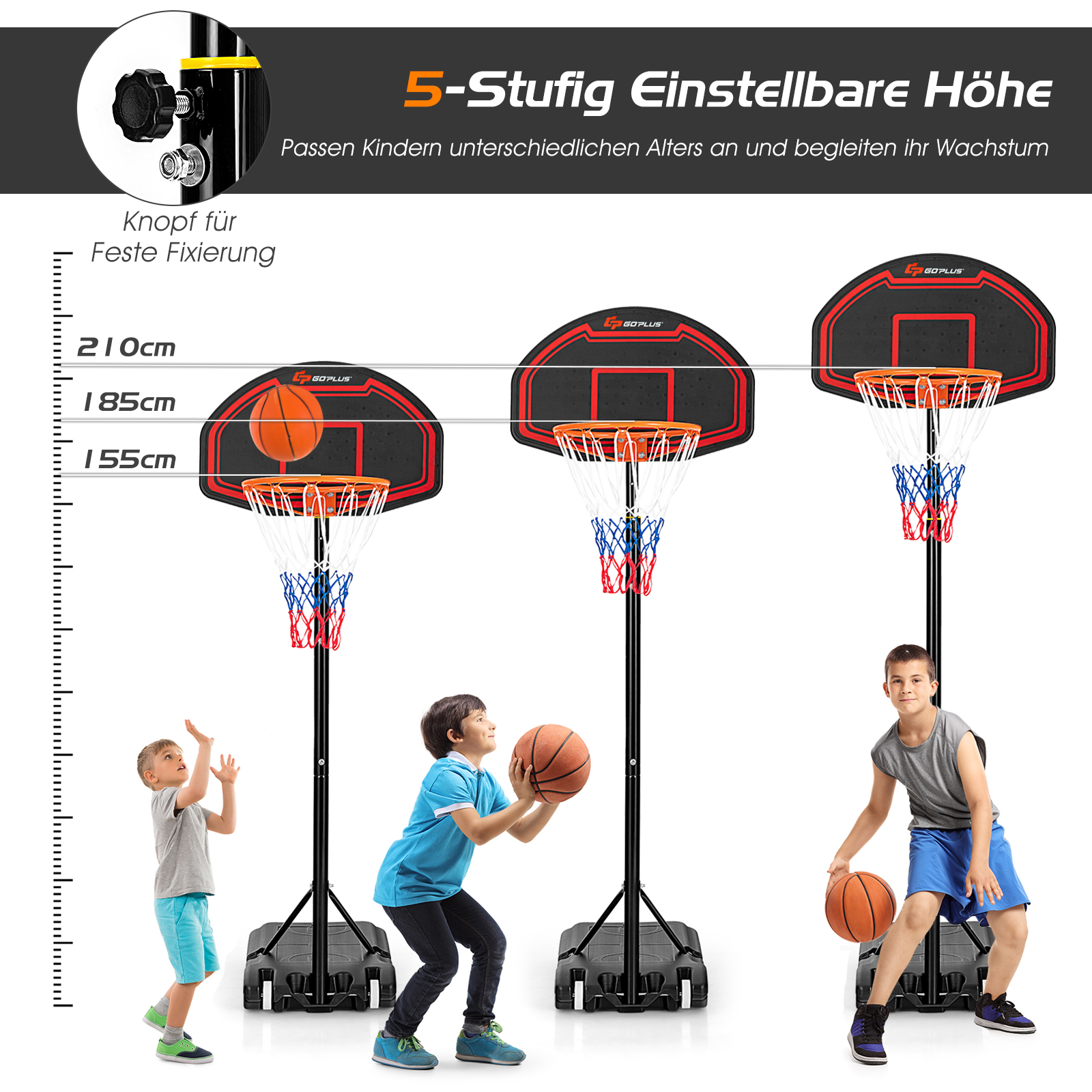 Basketballkörbe in drei verschiedenen Höhen, mit drei spielenden Kindern.