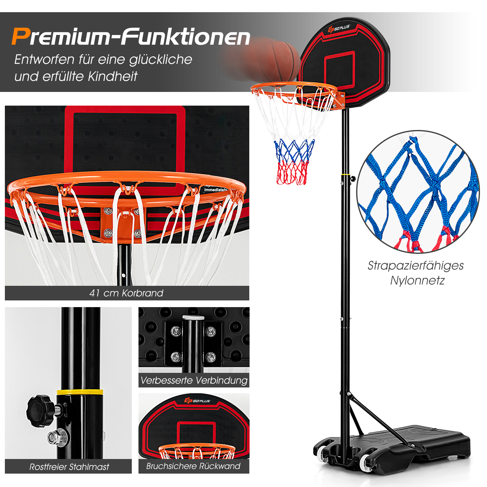 Ein Basketballkorb mit Rückwand und Netz, mit einem Fahrgestell auf Rädern.