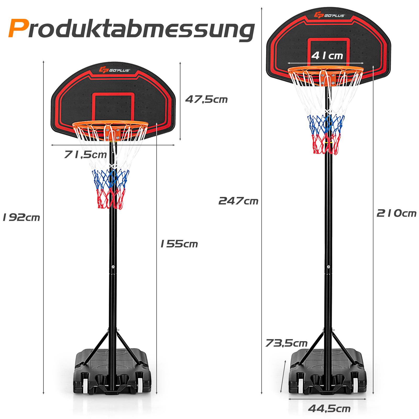 Zwei Basketballkörbe, einer mit Maßangaben. Die Körbe sind schwarz mit roten und weißen Netzen.