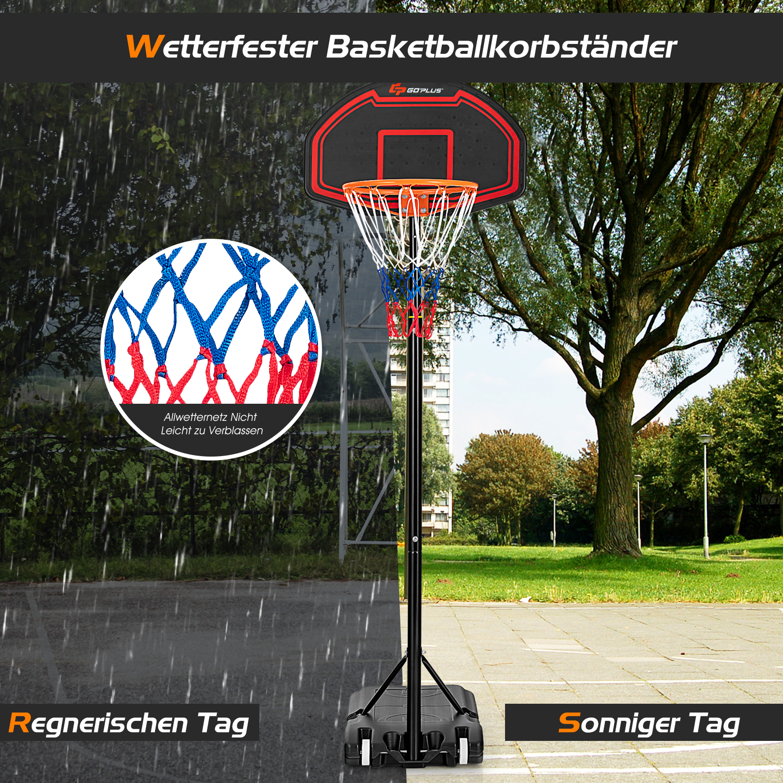 Basketballkorb, halb regnerisch, halb sonnig. Zeigt Netz mit roten und blauen Farben. Grüne Bäume im Hintergrund.