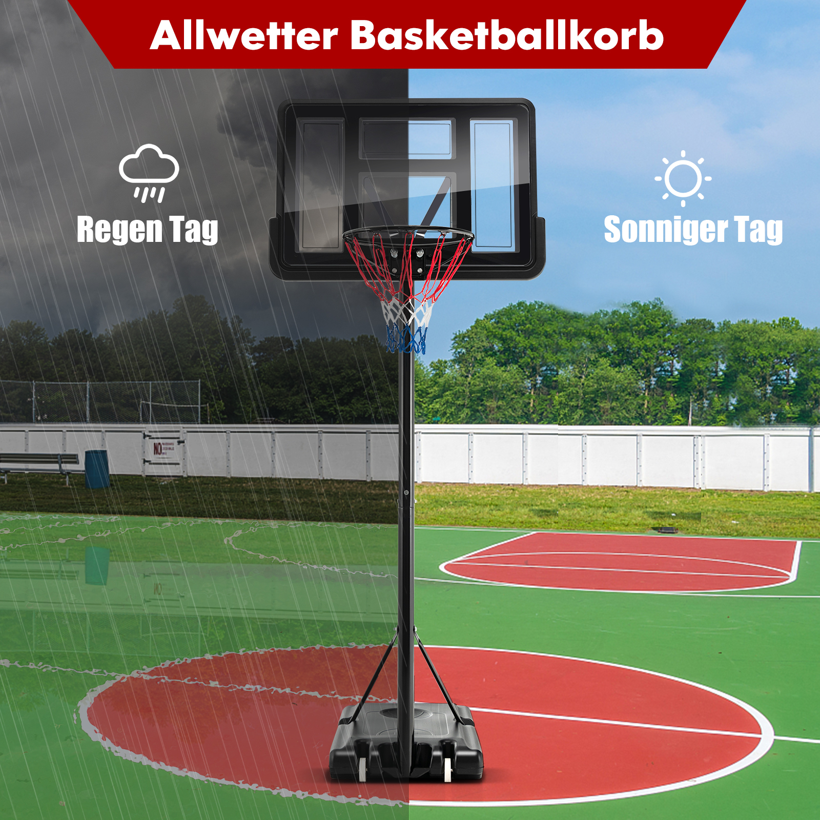 Basketballkorb mit Regen- und Sonnenschein-Illustrationen. Der Korb ist schwarz mit rotem und blauem Netz.